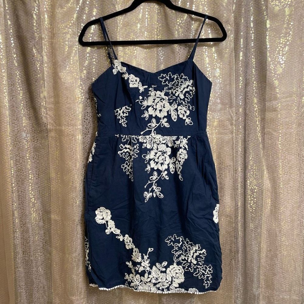 J.Crew Navy Blue Ivory Mirabel Lawn Embroidered Floral Mini Dress, Size 6